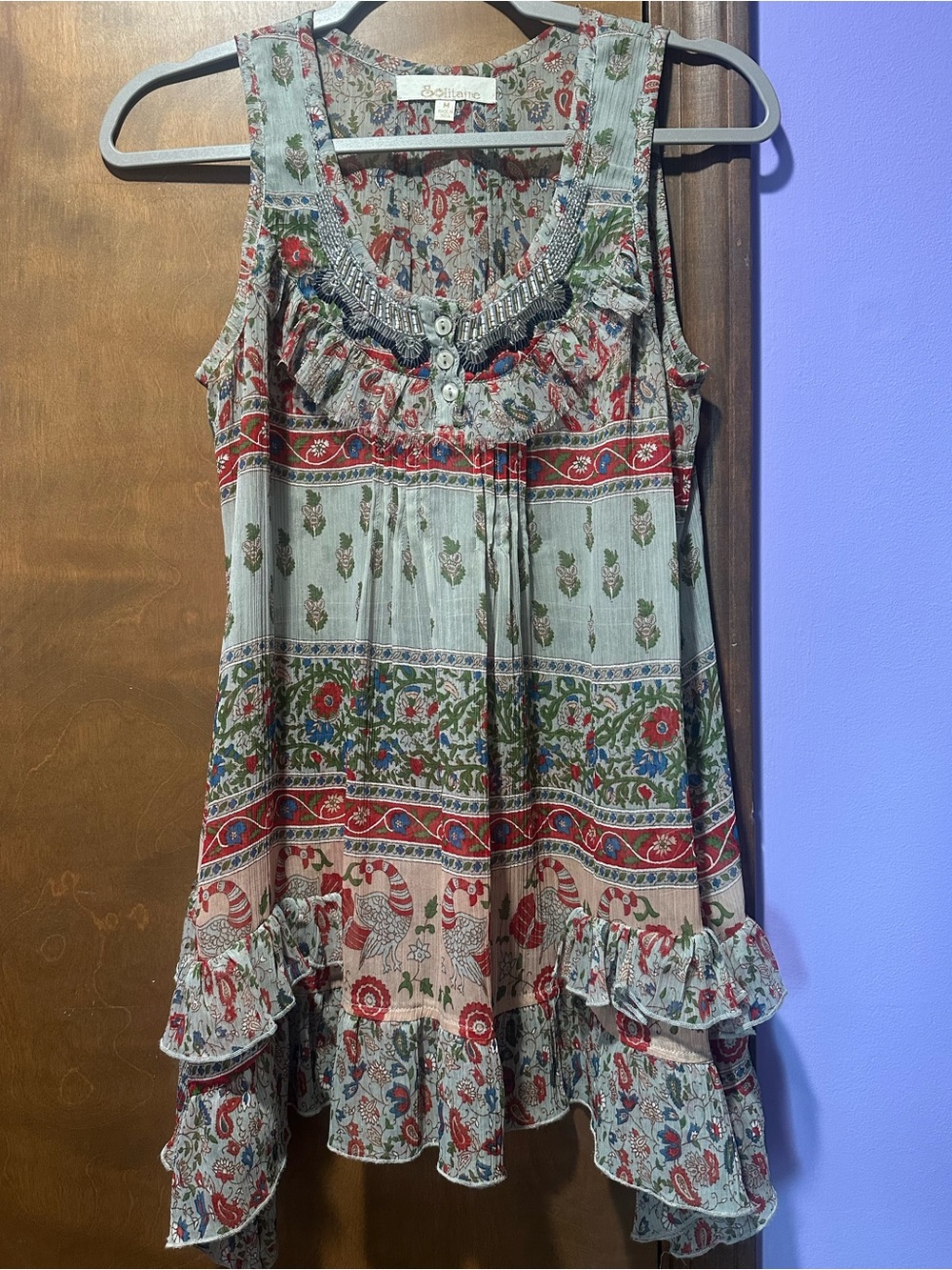 Anthropologie Solitaire Sage Green Boho Beaded Sheer Ruffle Tunic